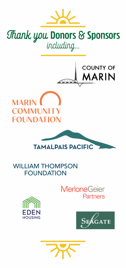 List of MEHC donors and sponsors. Includes County of Marin, Marin Community Foundation, Tamalpais Pacific, William Thompson Foundation, Merlone Geier Partners, Eden Housing, Seagate.