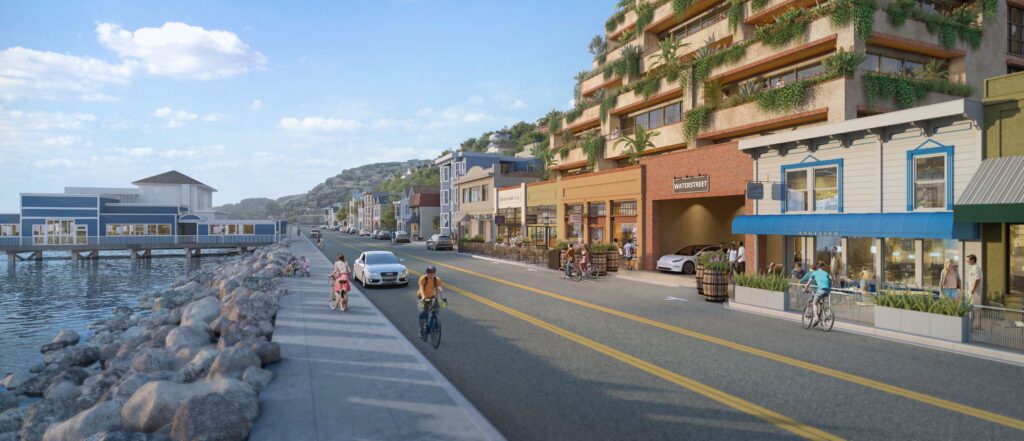 Waterstreet Project in Downtown Sausalito. View from Bridgeway Street. Mixed use/mixed income project near transit.