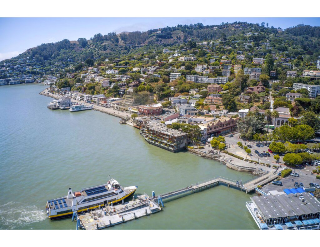 Rendering of Waterstreet mixed use project in downtown Sausalito. Drone View. Near transit.