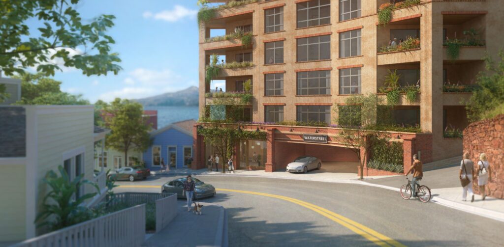 Waterstreet Project in Downtown Sausalito. View from Princess Street. Mixed use project near transit.